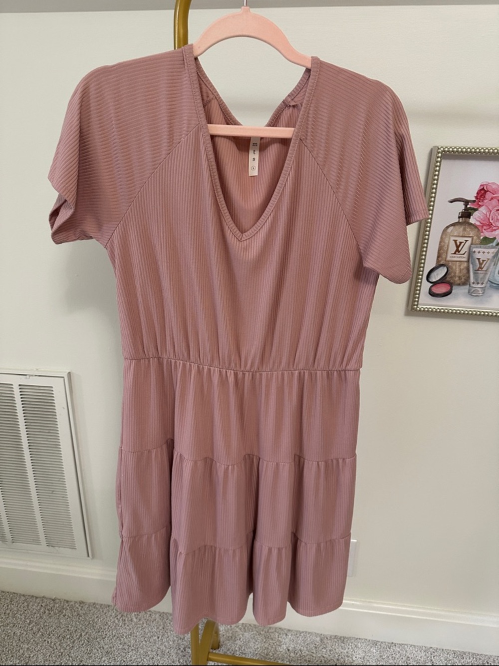 mts Mauve Ribbed Tiered V-Neck Mini Dress